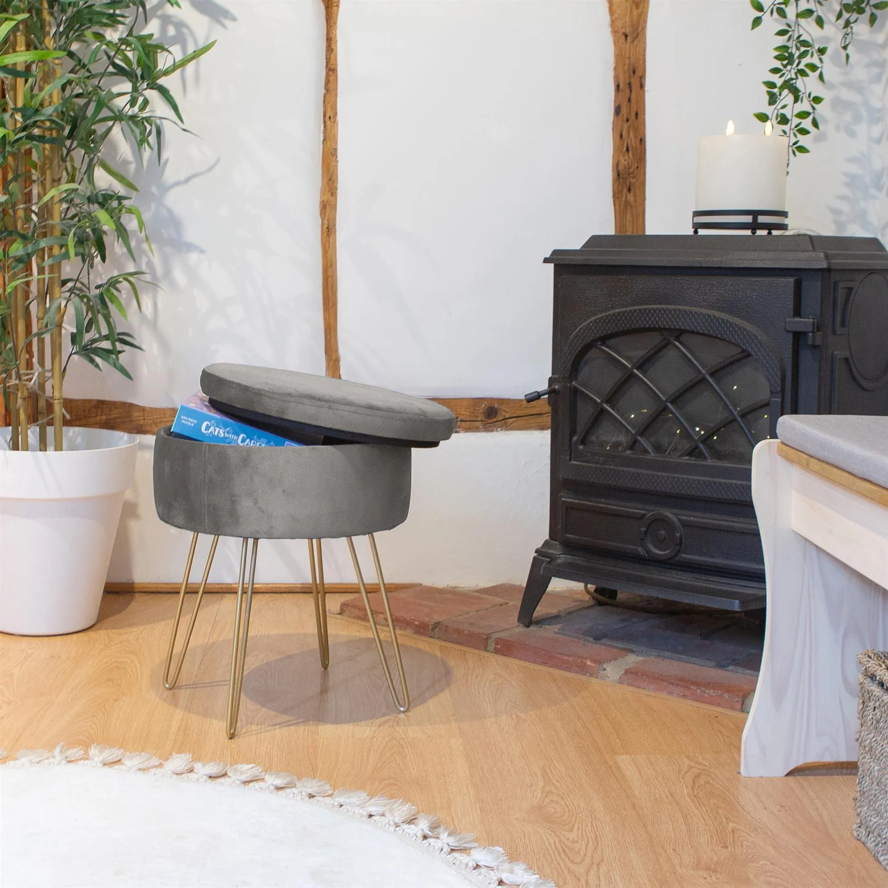 Grey Round Velvet Storage Footstool - By Harbour Housewares