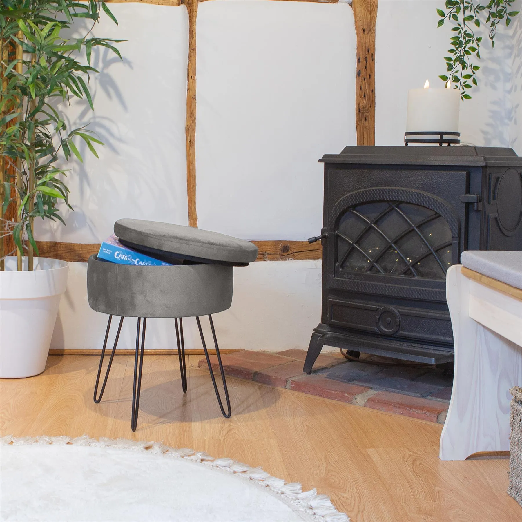 Grey Round Velvet Storage Footstool - By Harbour Housewares