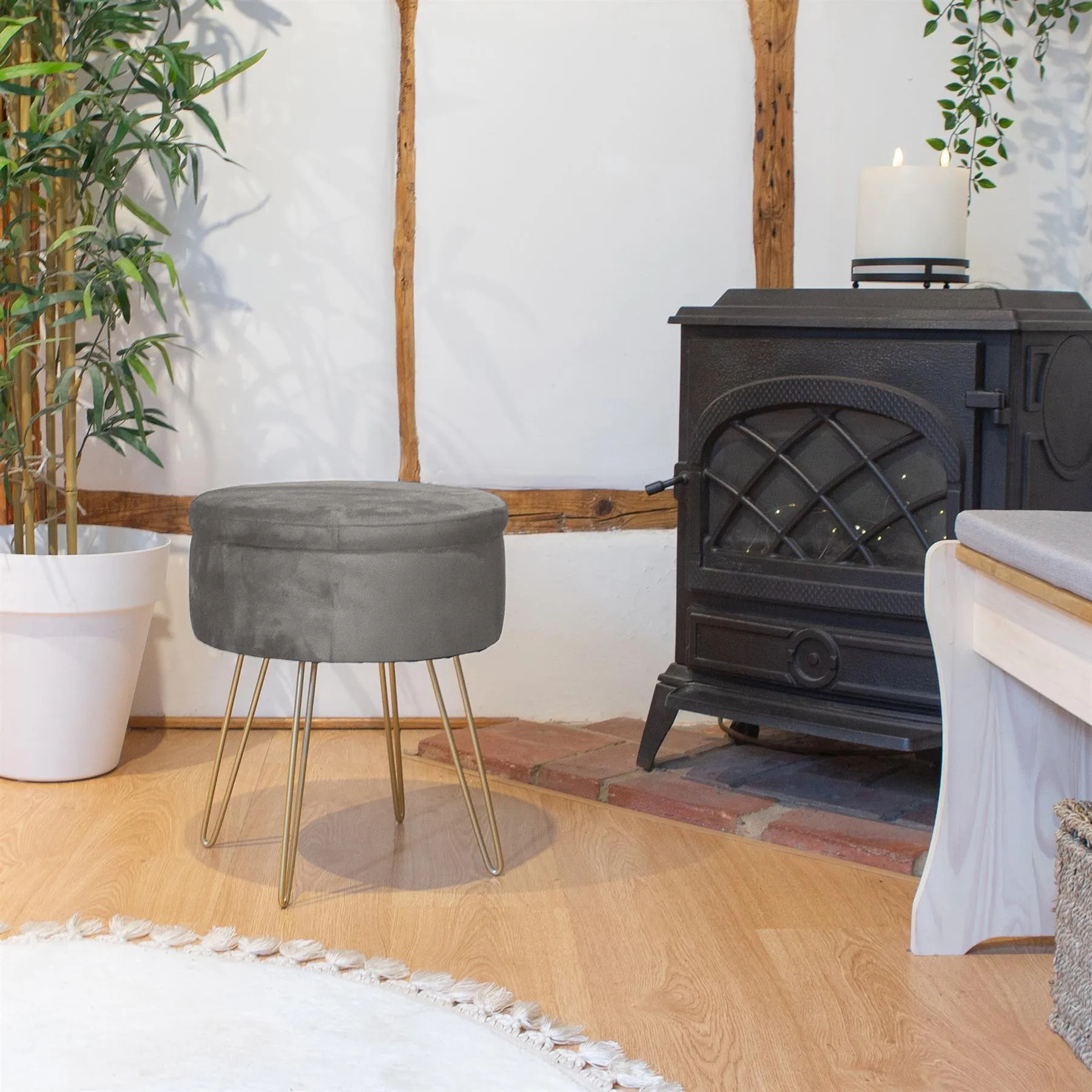 Grey Round Velvet Storage Footstool - By Harbour Housewares