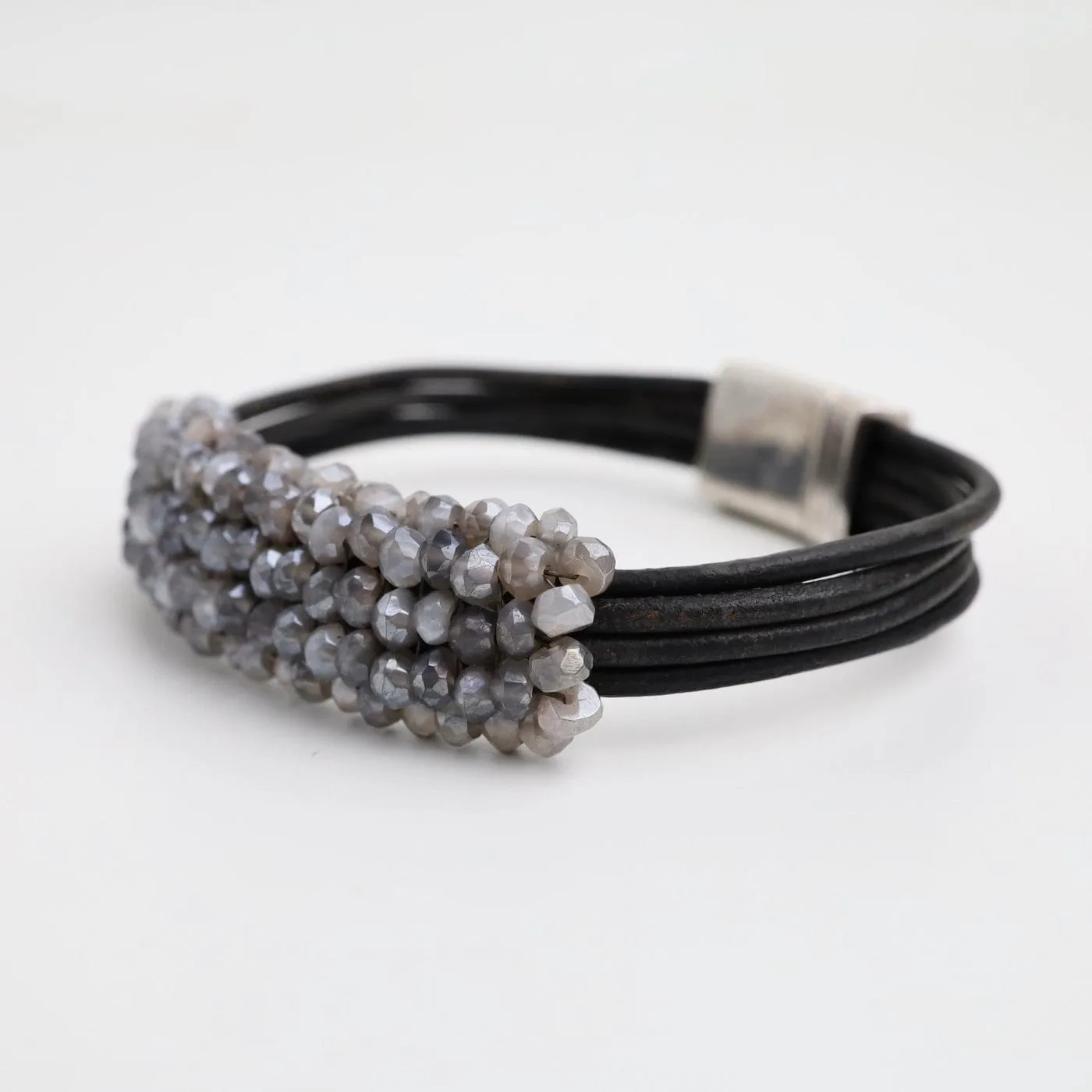 Hand Stitched Coated Grey Moonstone Leather Bracelet