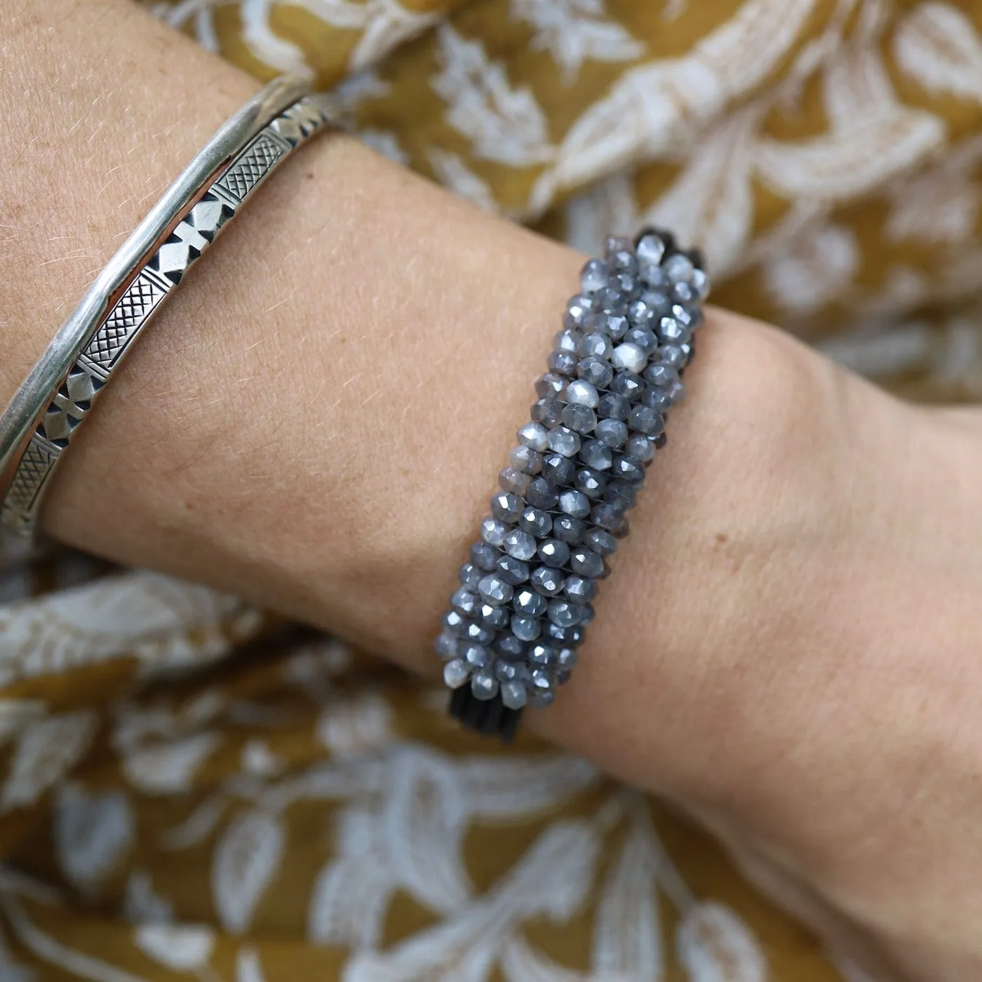 Hand Stitched Coated Grey Moonstone Leather Bracelet