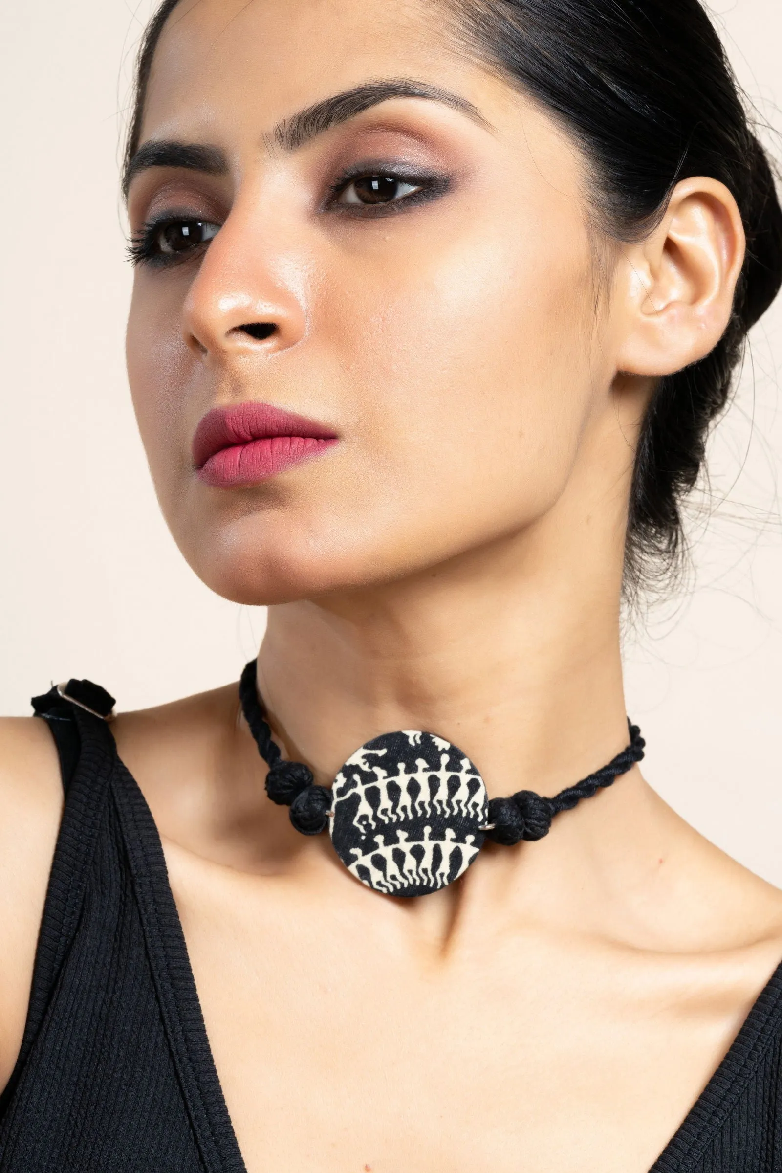 Handmade Black White Warli Fabric Choker Neckpiece with Adjustable Dori for Unique Style