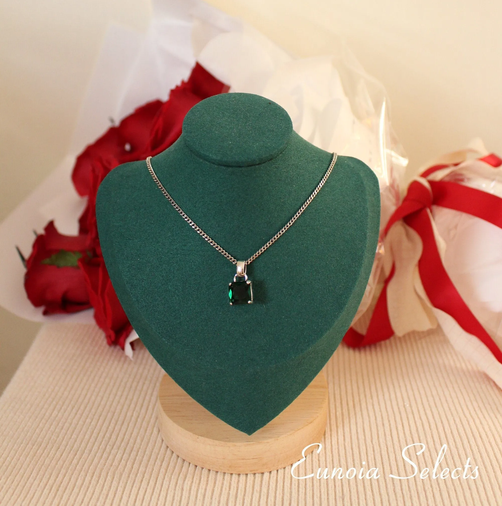 Haven Vintage Emerald Green Pendant Necklace, Regal Crown Charm   Silver 925 Silver Chain