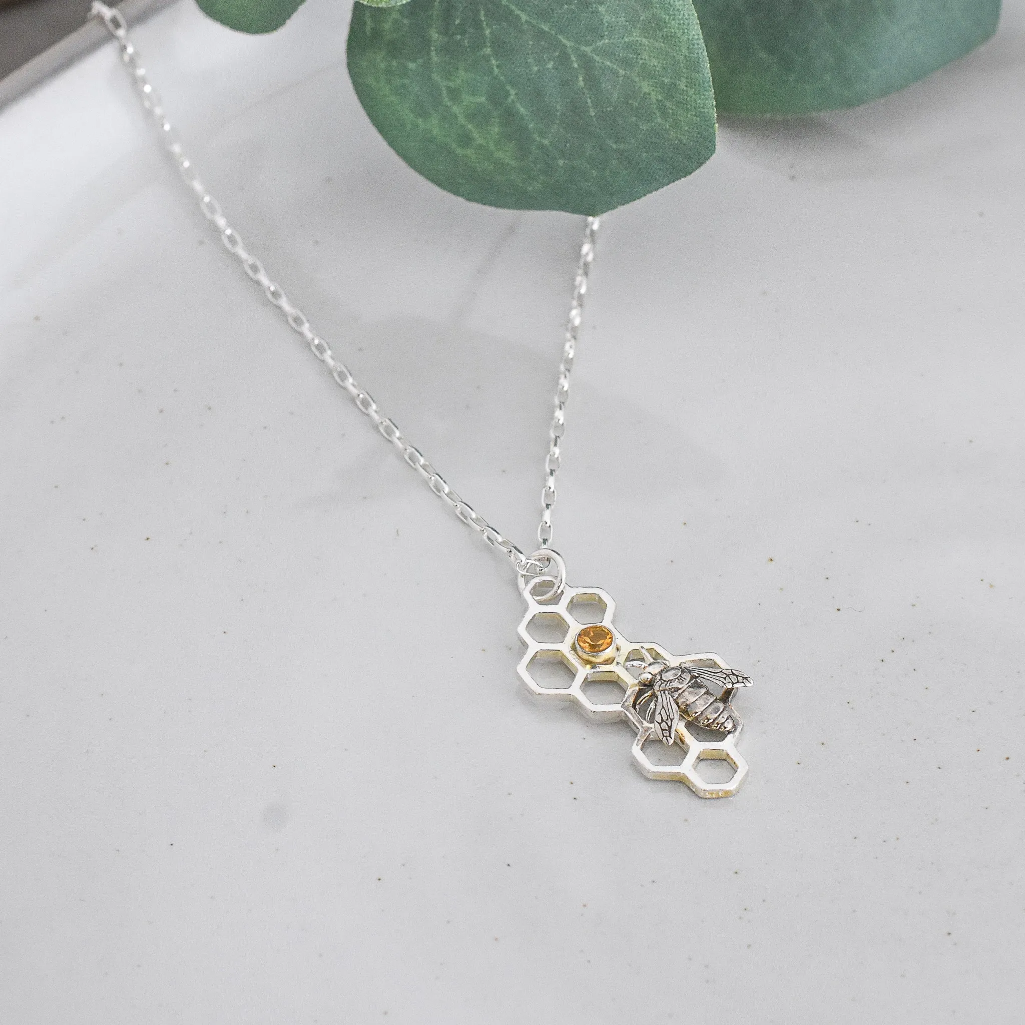 Honeycomb Bee with Citrine Gemstone Necklace - Sterling Silver