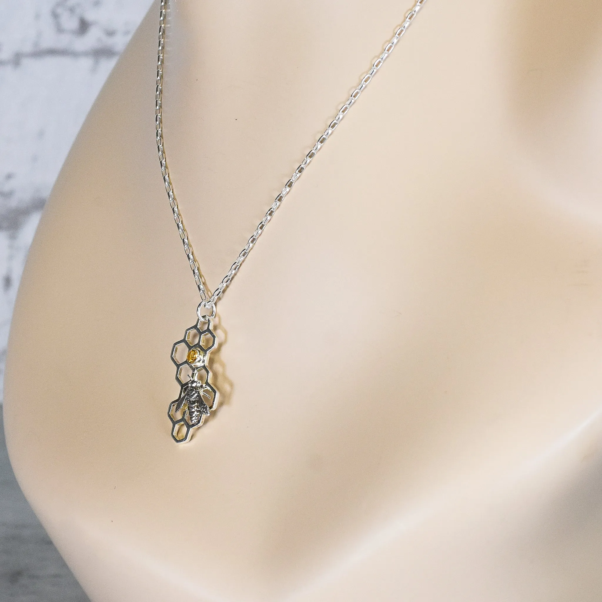 Honeycomb Bee with Citrine Gemstone Necklace - Sterling Silver
