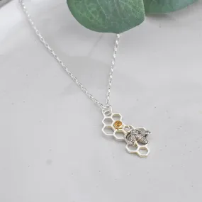 Honeycomb Bee with Citrine Gemstone Necklace - Sterling Silver