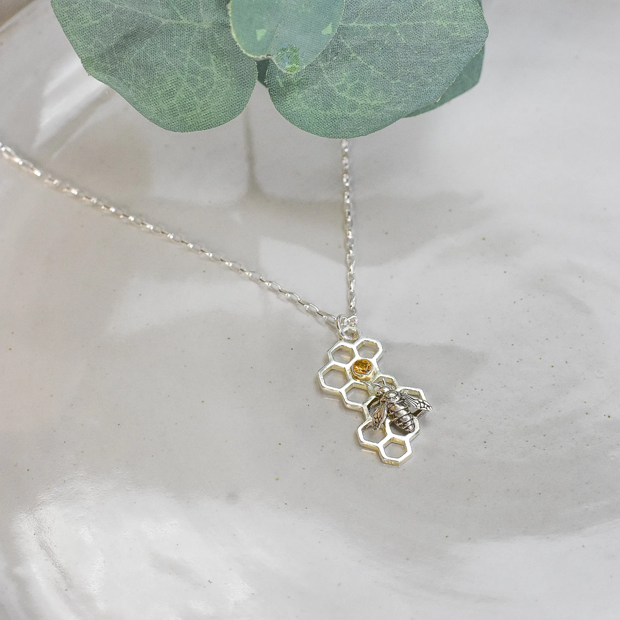 Honeycomb Bee with Citrine Gemstone Necklace - Sterling Silver