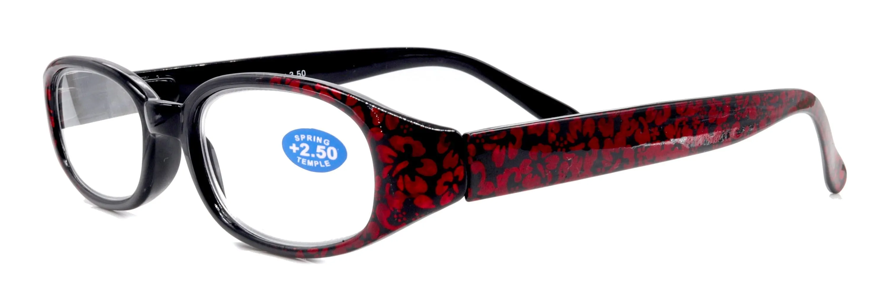 Isabella, (Premium) Reading Glasses, Fashion Reader (Floral Red n Black) Oval  4  4.5  5  6 High Magnification, NY Fifth Avenue (Wide Frame)