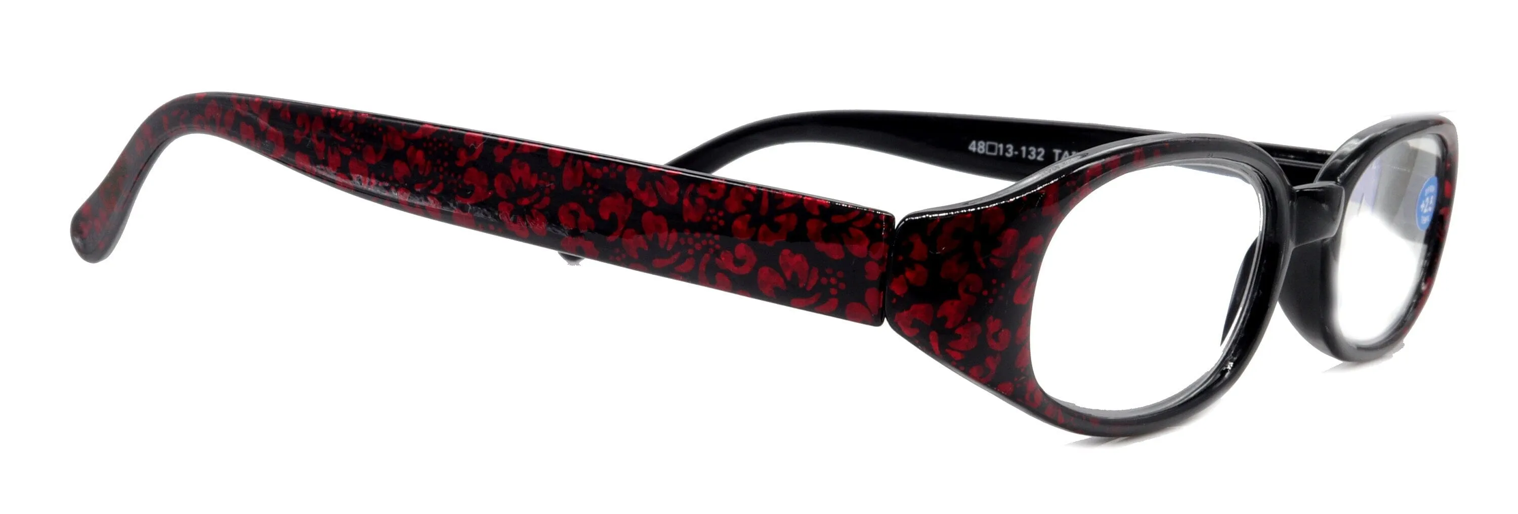Isabella, (Premium) Reading Glasses, Fashion Reader (Floral Red n Black) Oval  4  4.5  5  6 High Magnification, NY Fifth Avenue (Wide Frame)