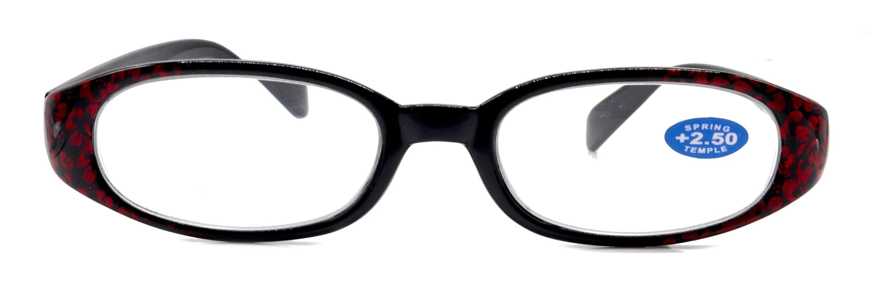 Isabella, (Premium) Reading Glasses, Fashion Reader (Floral Red n Black) Oval  4  4.5  5  6 High Magnification, NY Fifth Avenue (Wide Frame)