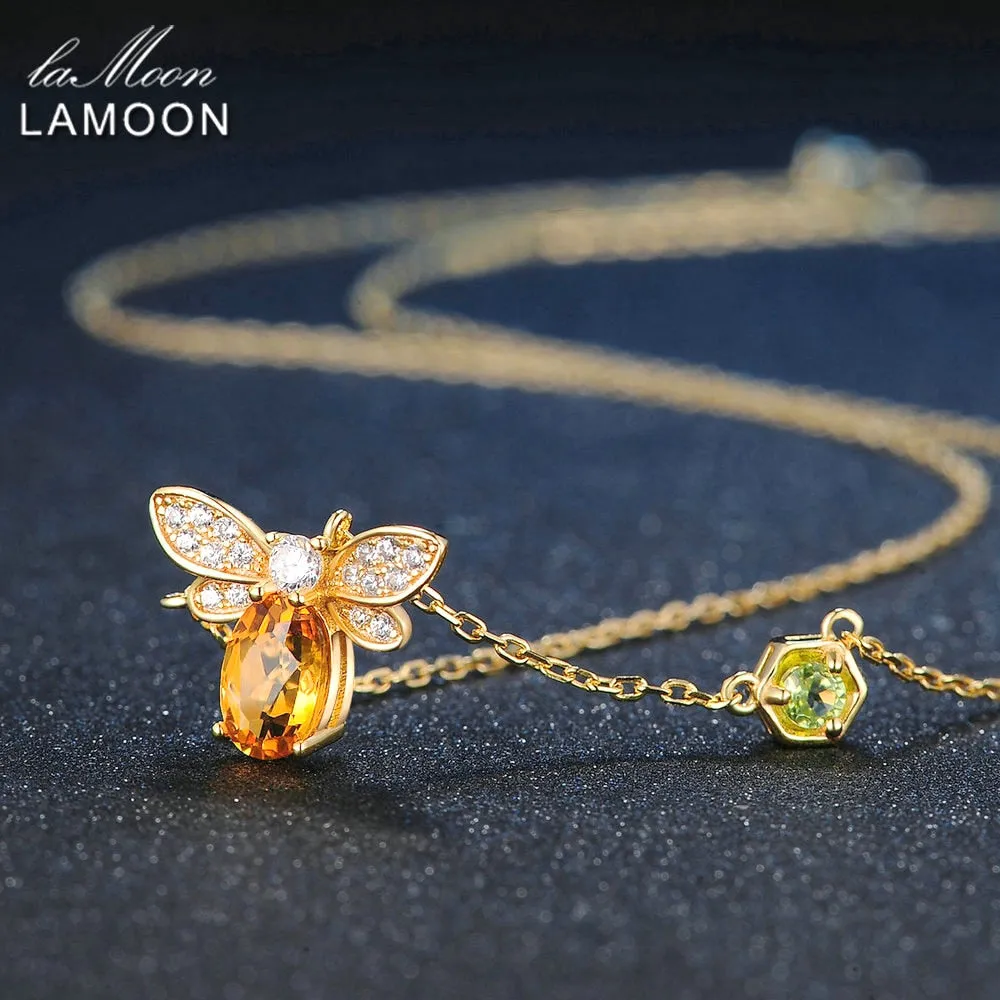 LAMOON Bee 100% Citrine Silver Jewelry 14K Yellow Gold Plated Pendant