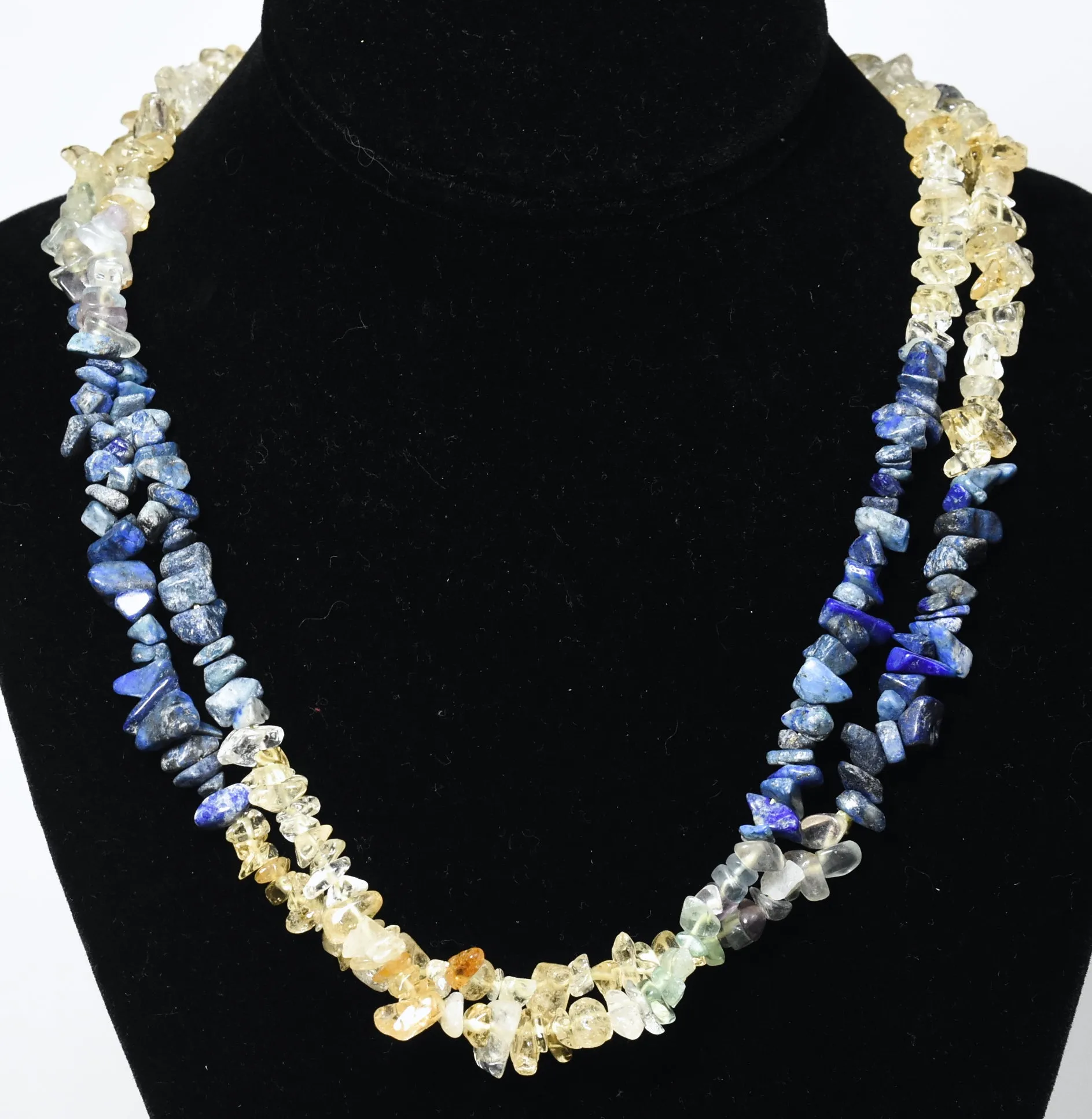 Lapis Lazuli, Citrine, Fluorite Chip Bead Opera Necklace - 42 Inches Long