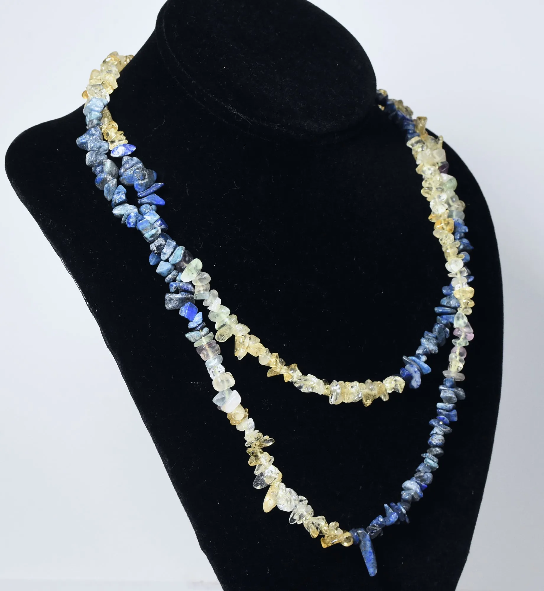Lapis Lazuli, Citrine, Fluorite Chip Bead Opera Necklace - 42 Inches Long