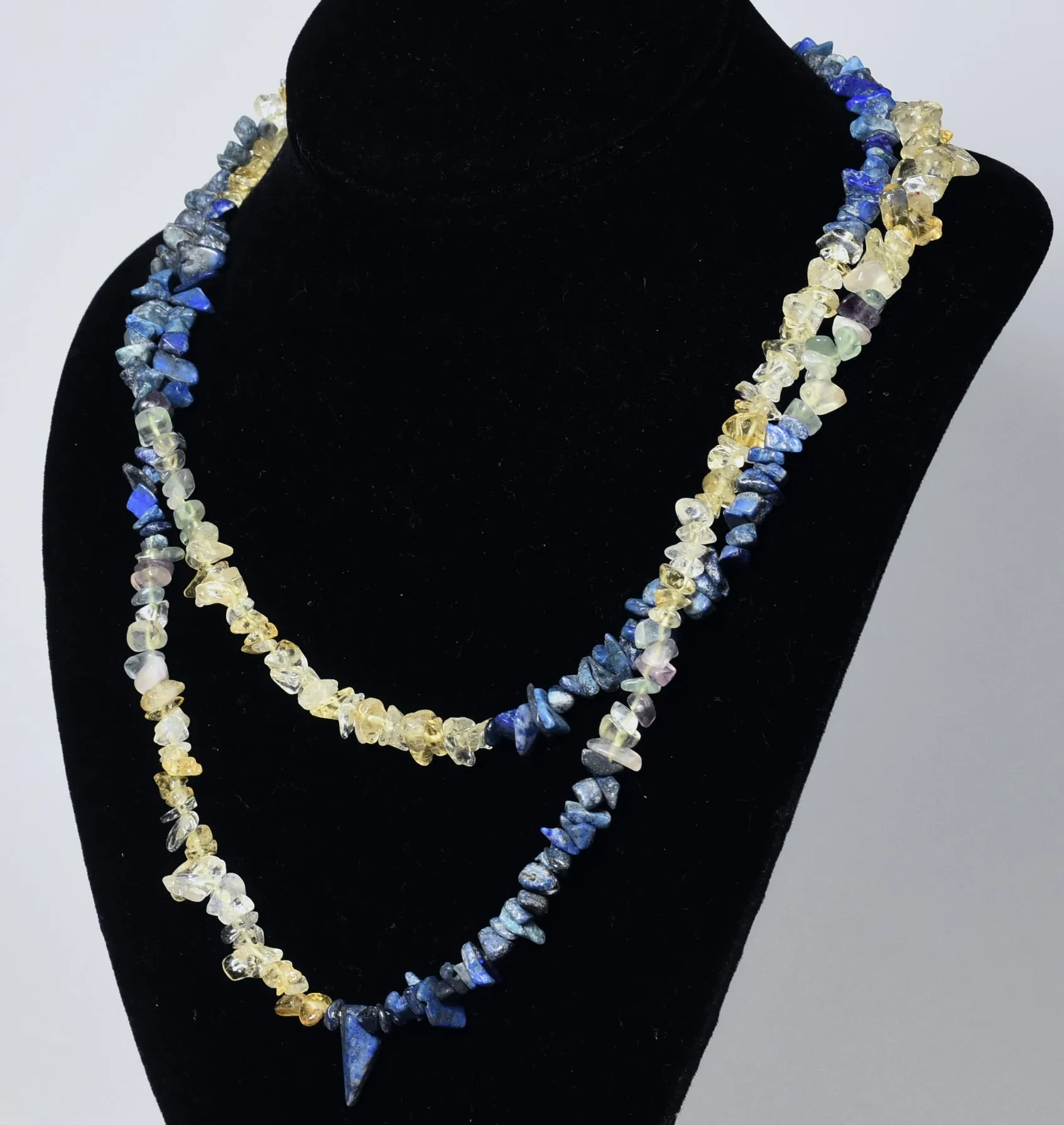 Lapis Lazuli, Citrine, Fluorite Chip Bead Opera Necklace - 42 Inches Long