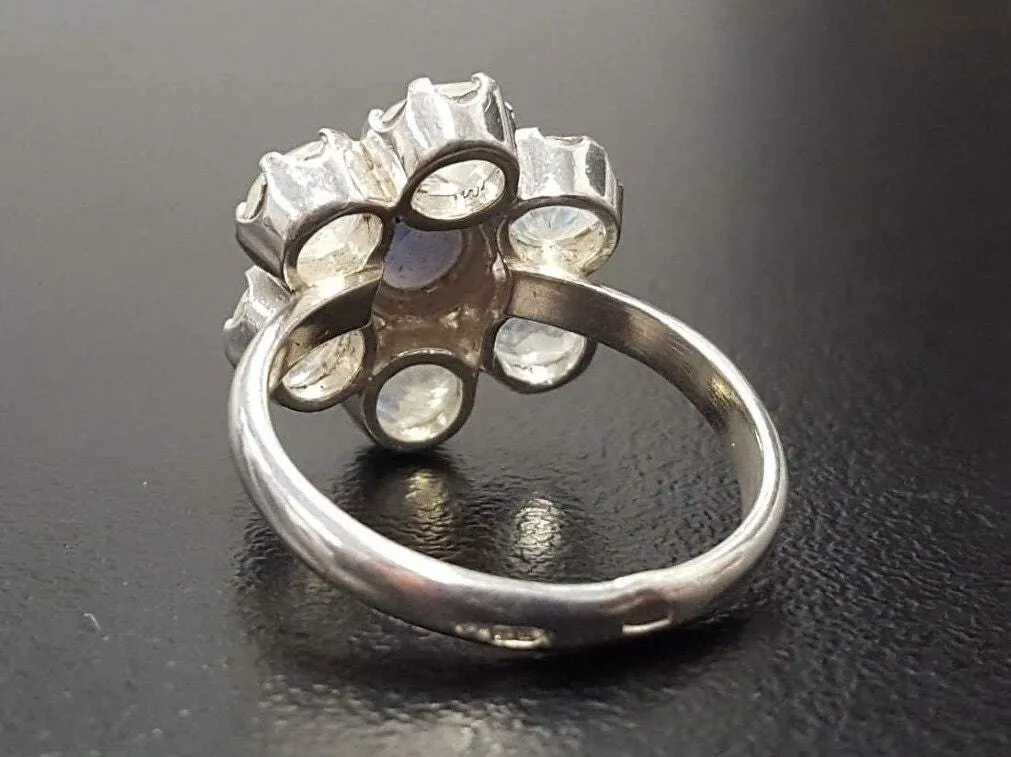 Large Daisy Ring - Genuine Sapphire Moonstone - White Blue Flower Ring