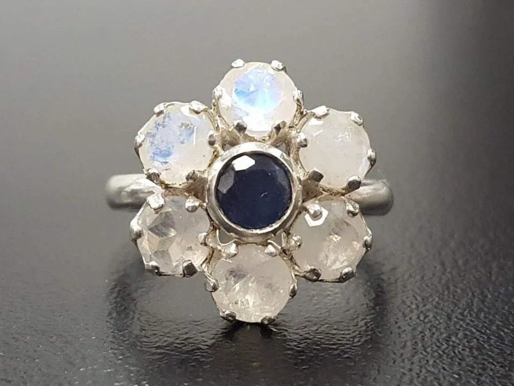 Large Daisy Ring - Genuine Sapphire Moonstone - White Blue Flower Ring