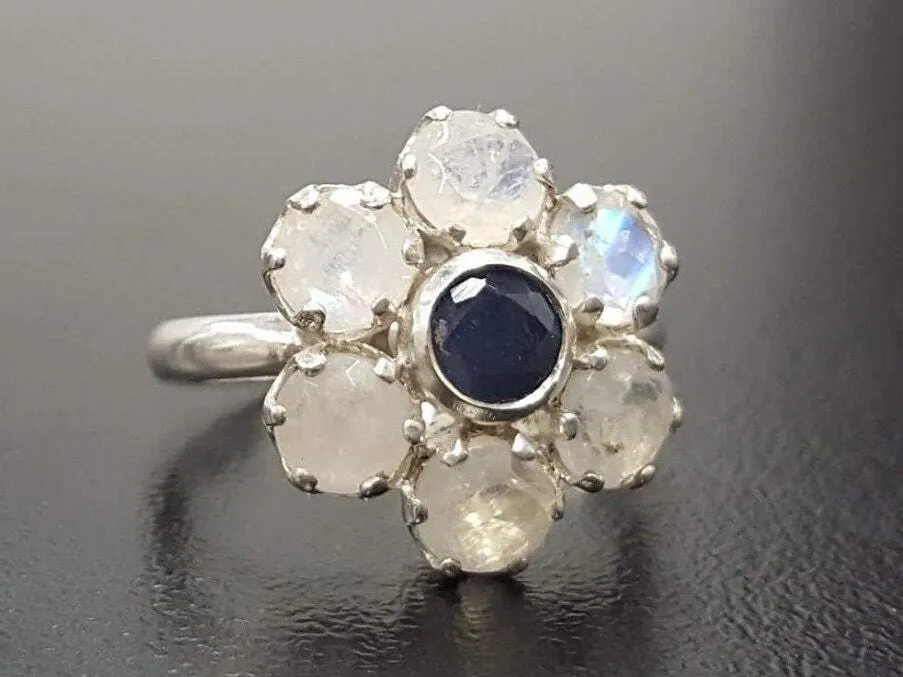 Large Daisy Ring - Genuine Sapphire Moonstone - White Blue Flower Ring
