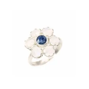 Large Daisy Ring - Genuine Sapphire Moonstone - White Blue Flower Ring