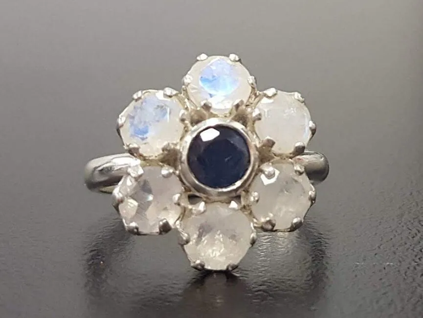 Large Daisy Ring - Genuine Sapphire Moonstone - White Blue Flower Ring