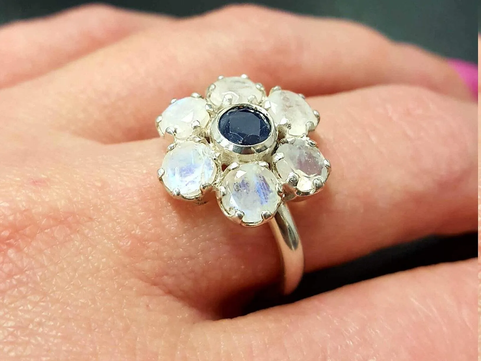 Large Daisy Ring - Genuine Sapphire Moonstone - White Blue Flower Ring