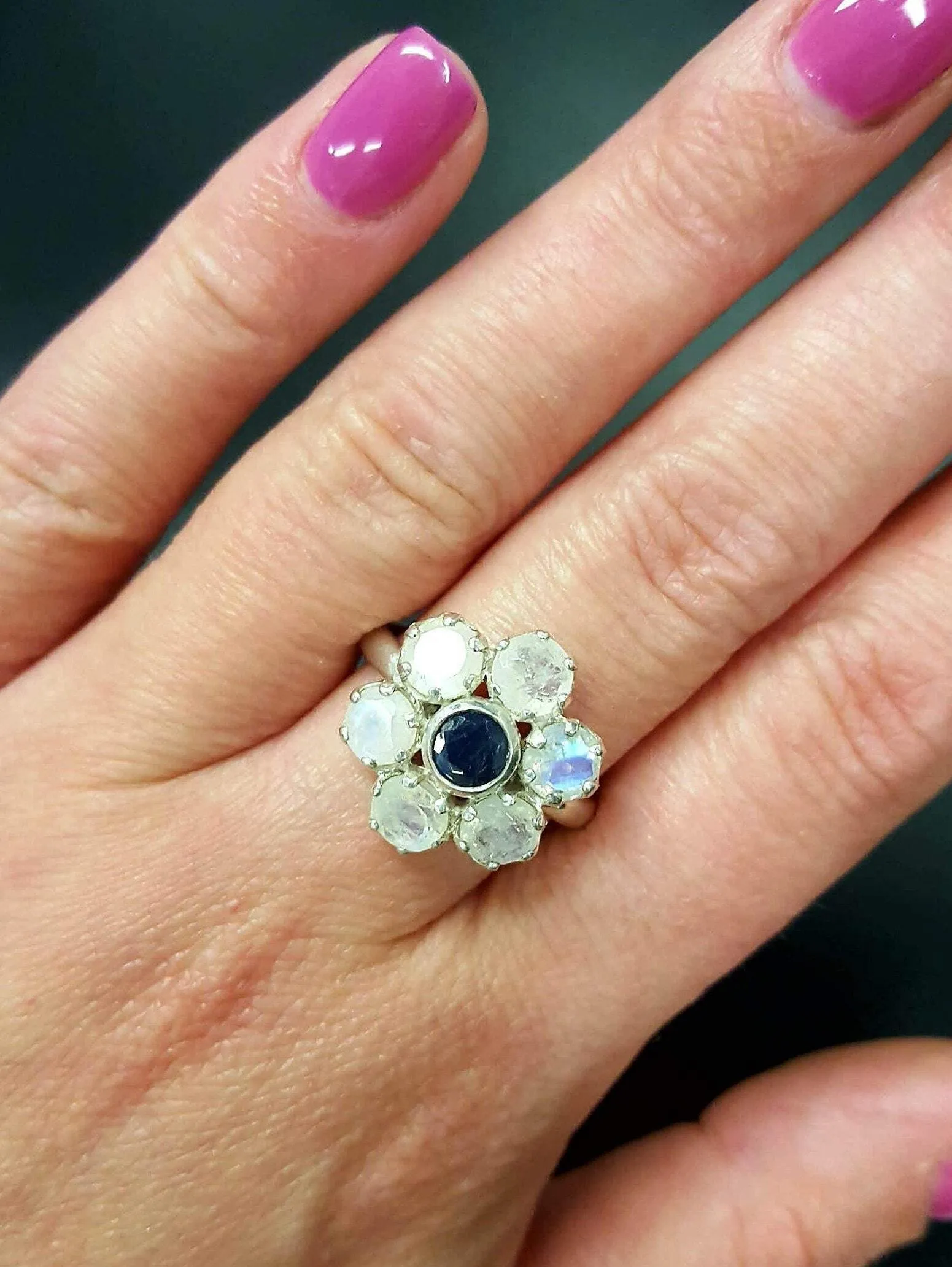 Large Daisy Ring - Genuine Sapphire Moonstone - White Blue Flower Ring