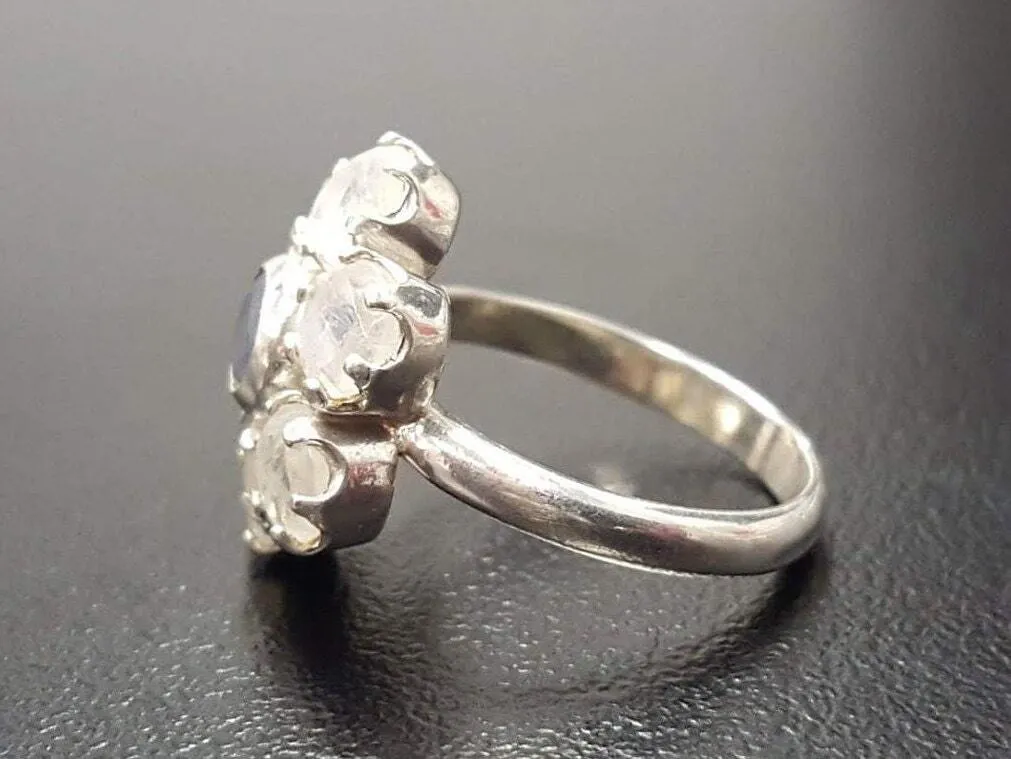 Large Daisy Ring - Genuine Sapphire Moonstone - White Blue Flower Ring