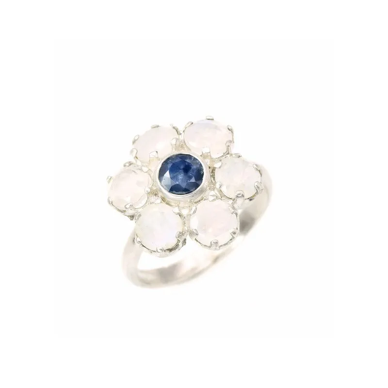 Large Daisy Ring - Genuine Sapphire Moonstone - White Blue Flower Ring