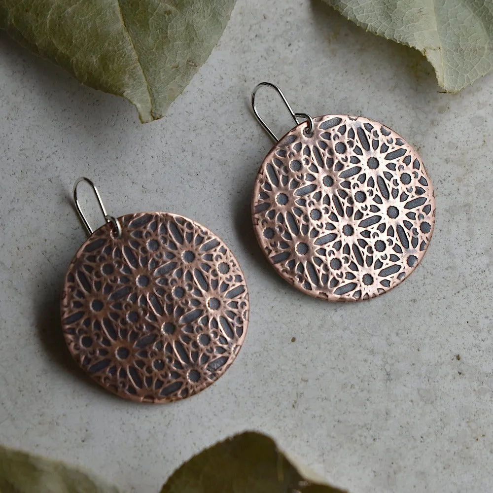 'Lines & Circles' Large Copper Disc Drop Earrings