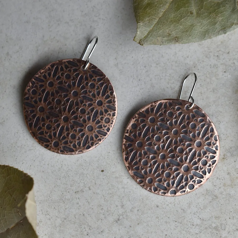 'Lines & Circles' Large Copper Disc Drop Earrings