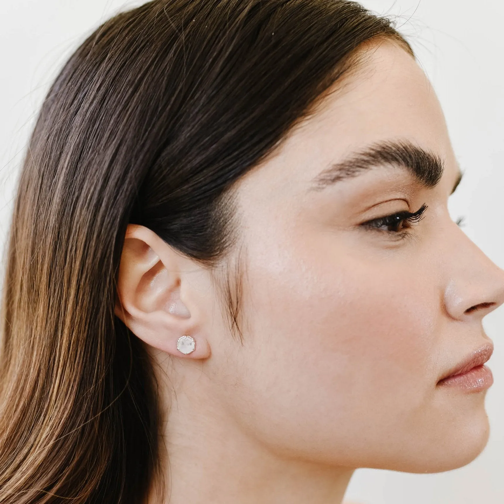 Mini Grace Hexagon Stud Earrings - Rainbow Moonstone & Silver
