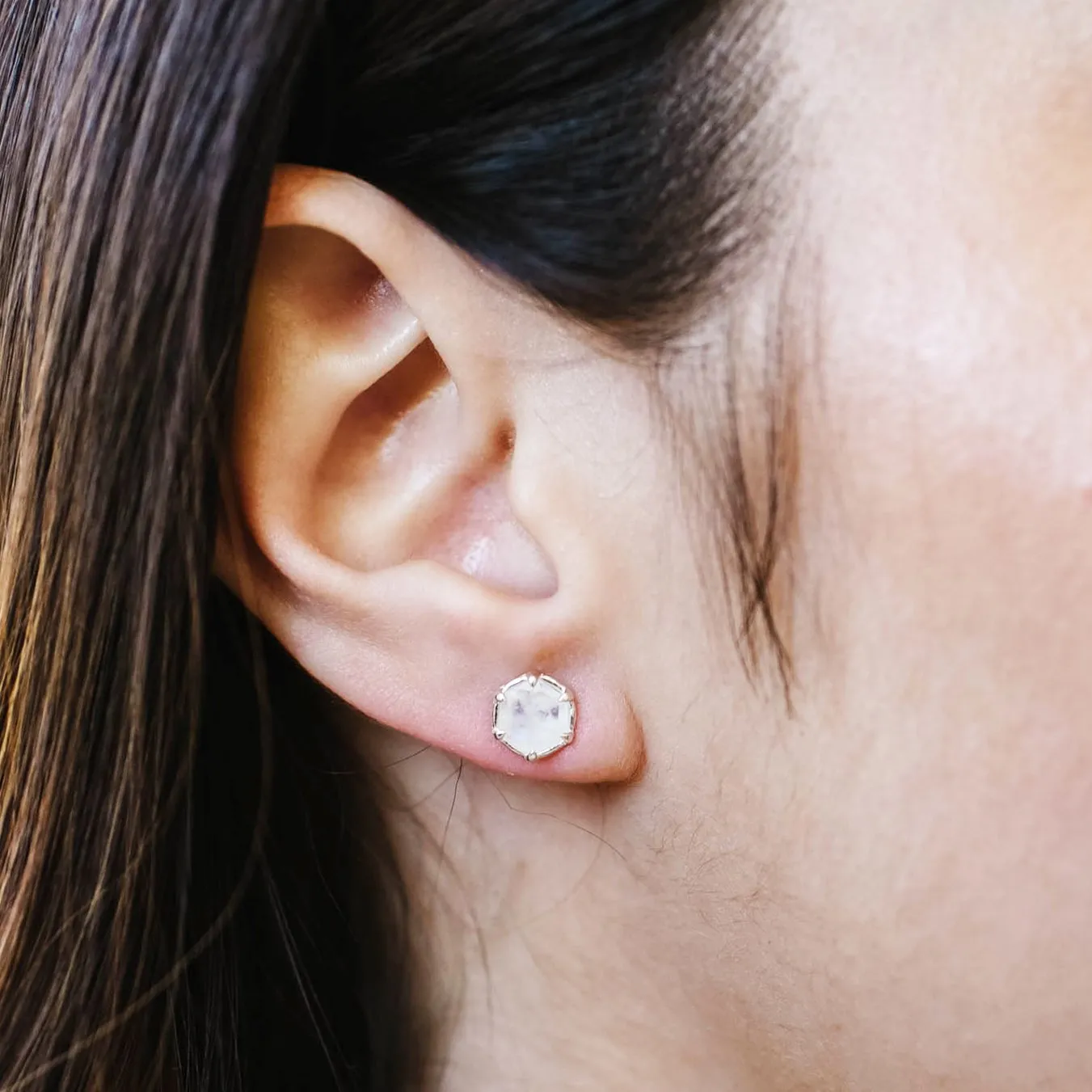 Mini Grace Hexagon Stud Earrings - Rainbow Moonstone & Silver