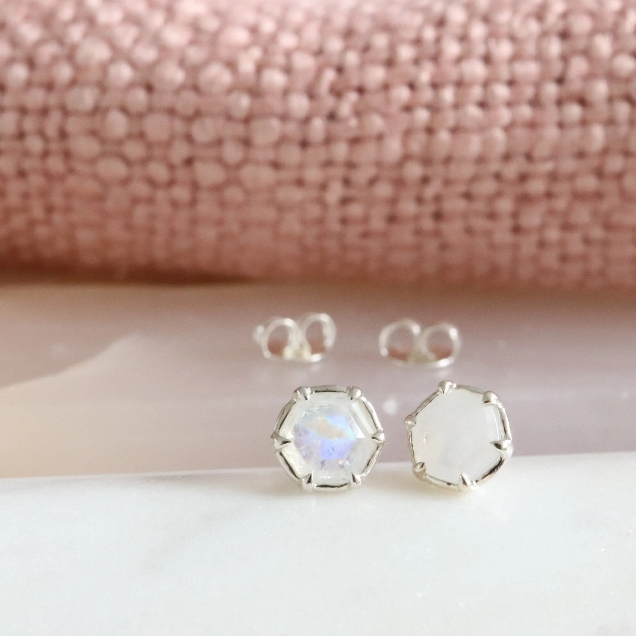 Mini Grace Hexagon Stud Earrings - Rainbow Moonstone & Silver