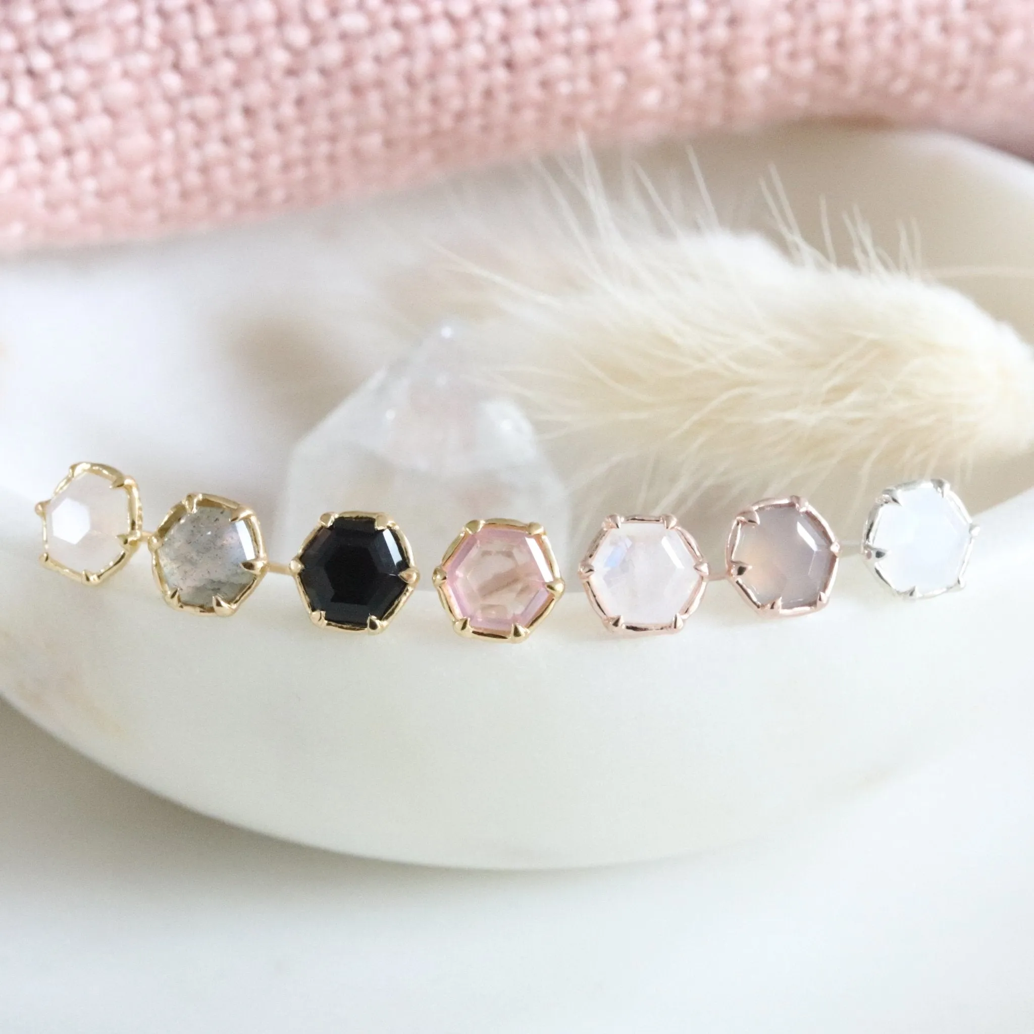 Mini Grace Hexagon Stud Earrings - Rainbow Moonstone & Silver