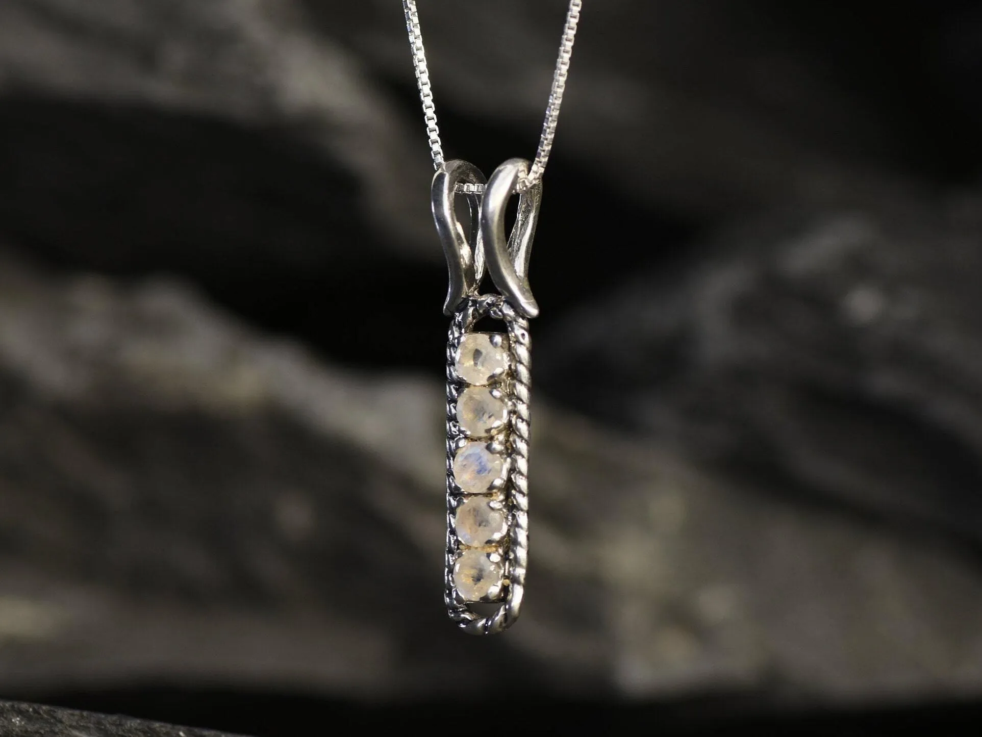 Moonstone Pendant - White Vertical Necklace - Vintage Bar Necklace