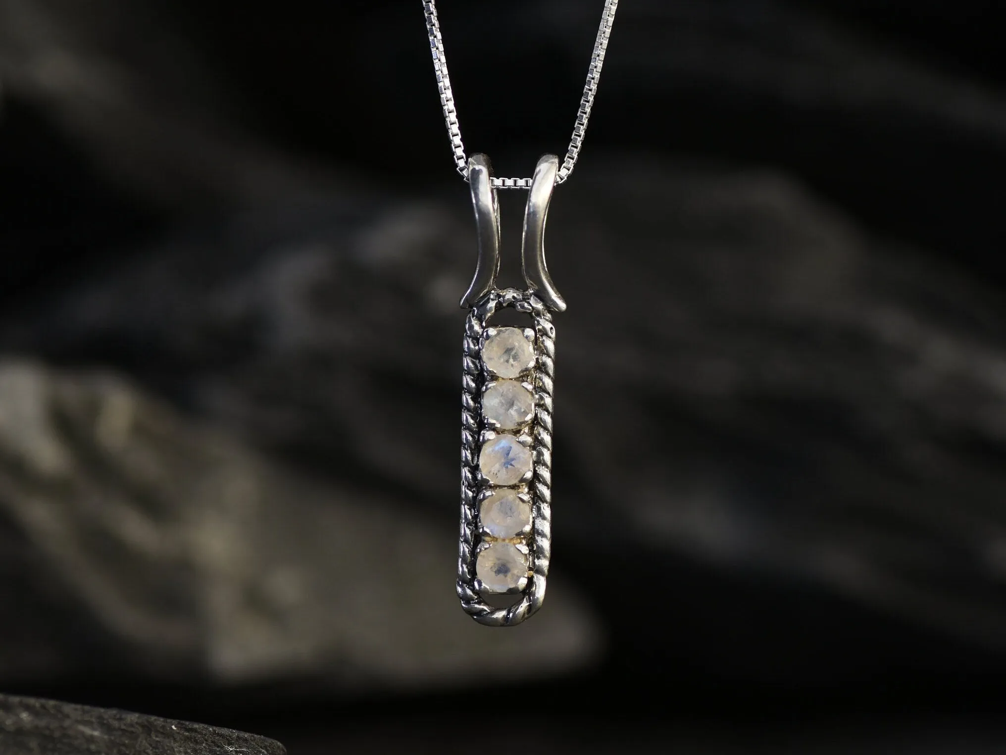 Moonstone Pendant - White Vertical Necklace - Vintage Bar Necklace