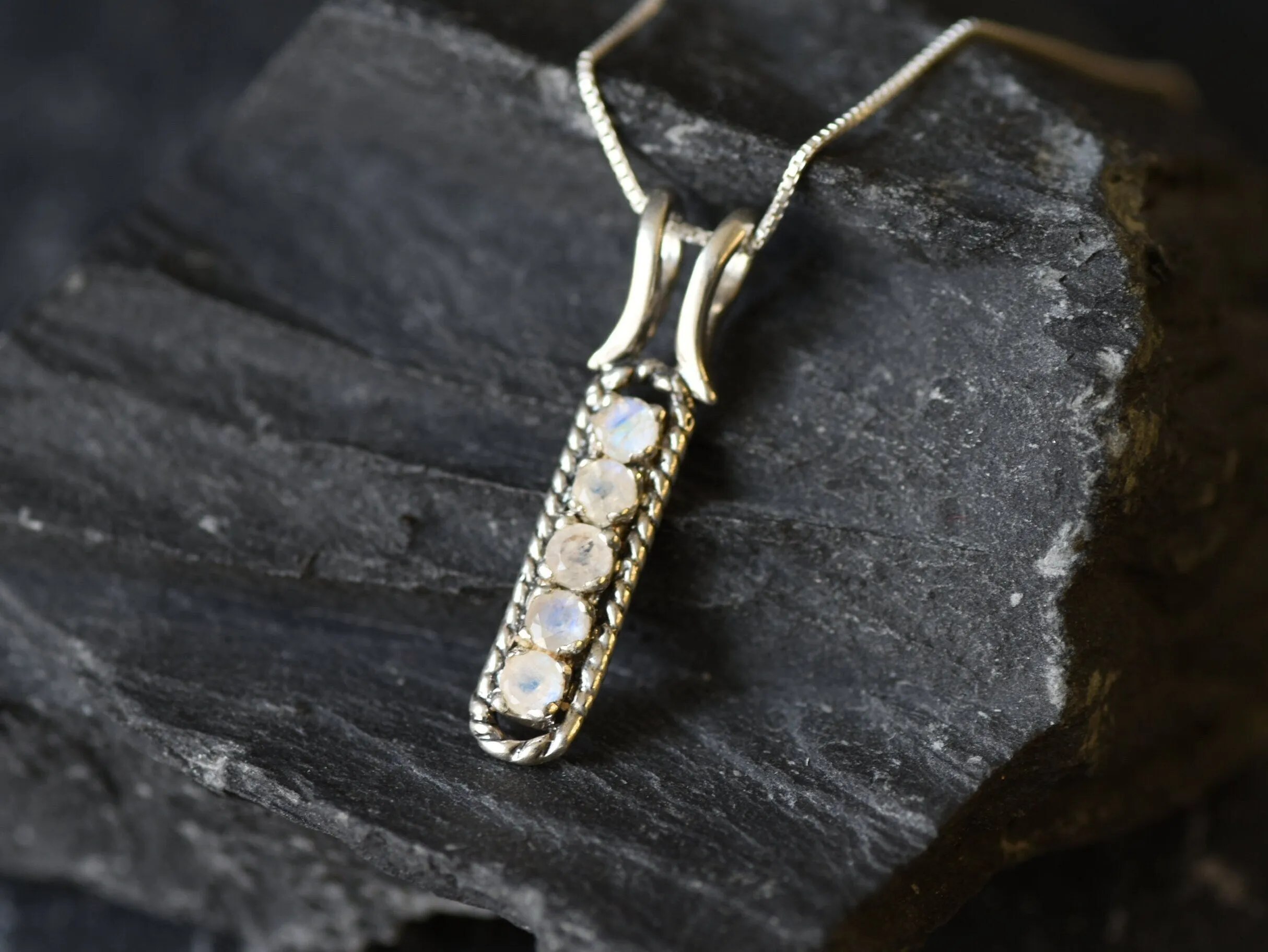 Moonstone Pendant - White Vertical Necklace - Vintage Bar Necklace