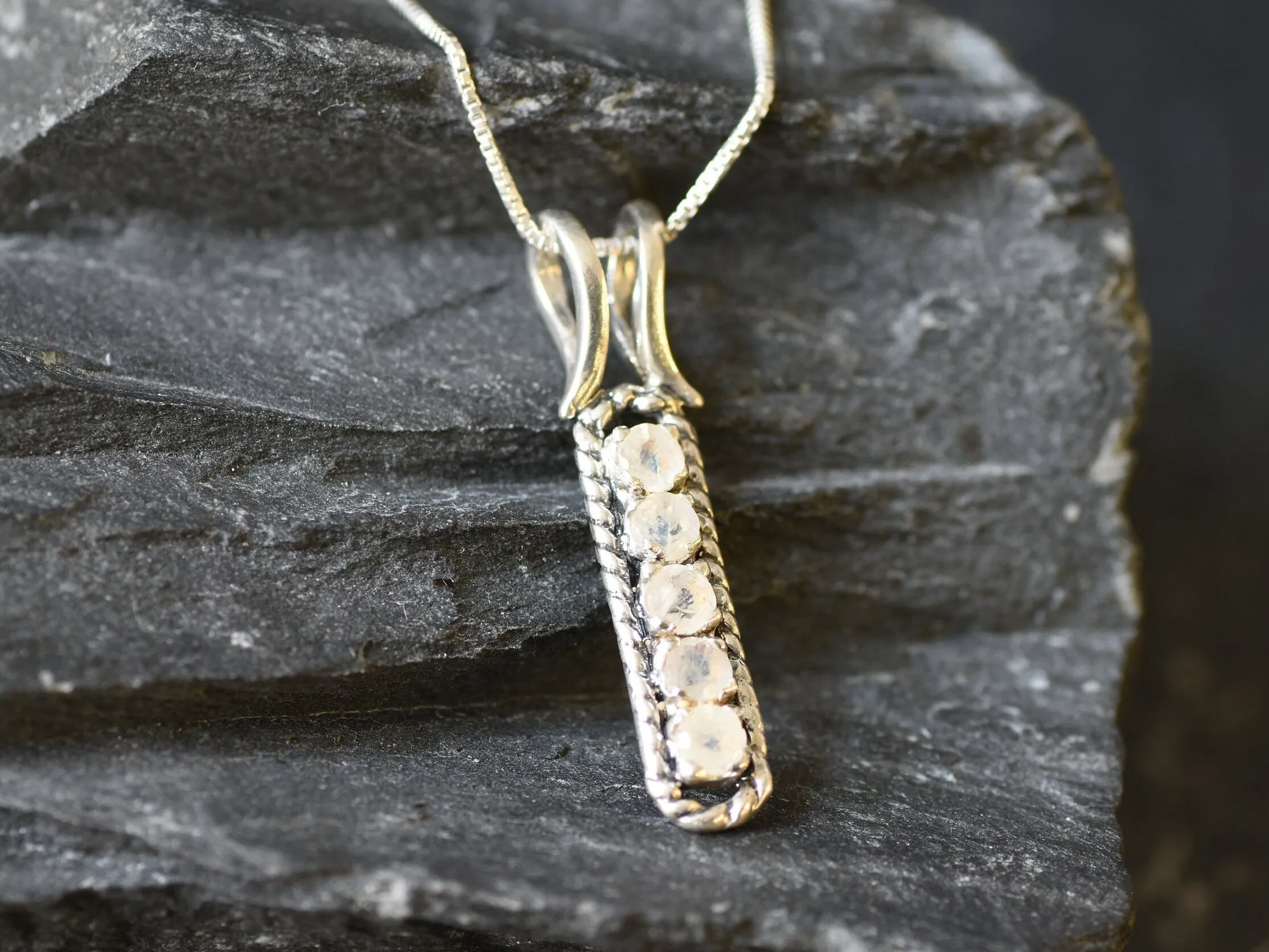 Moonstone Pendant - White Vertical Necklace - Vintage Bar Necklace