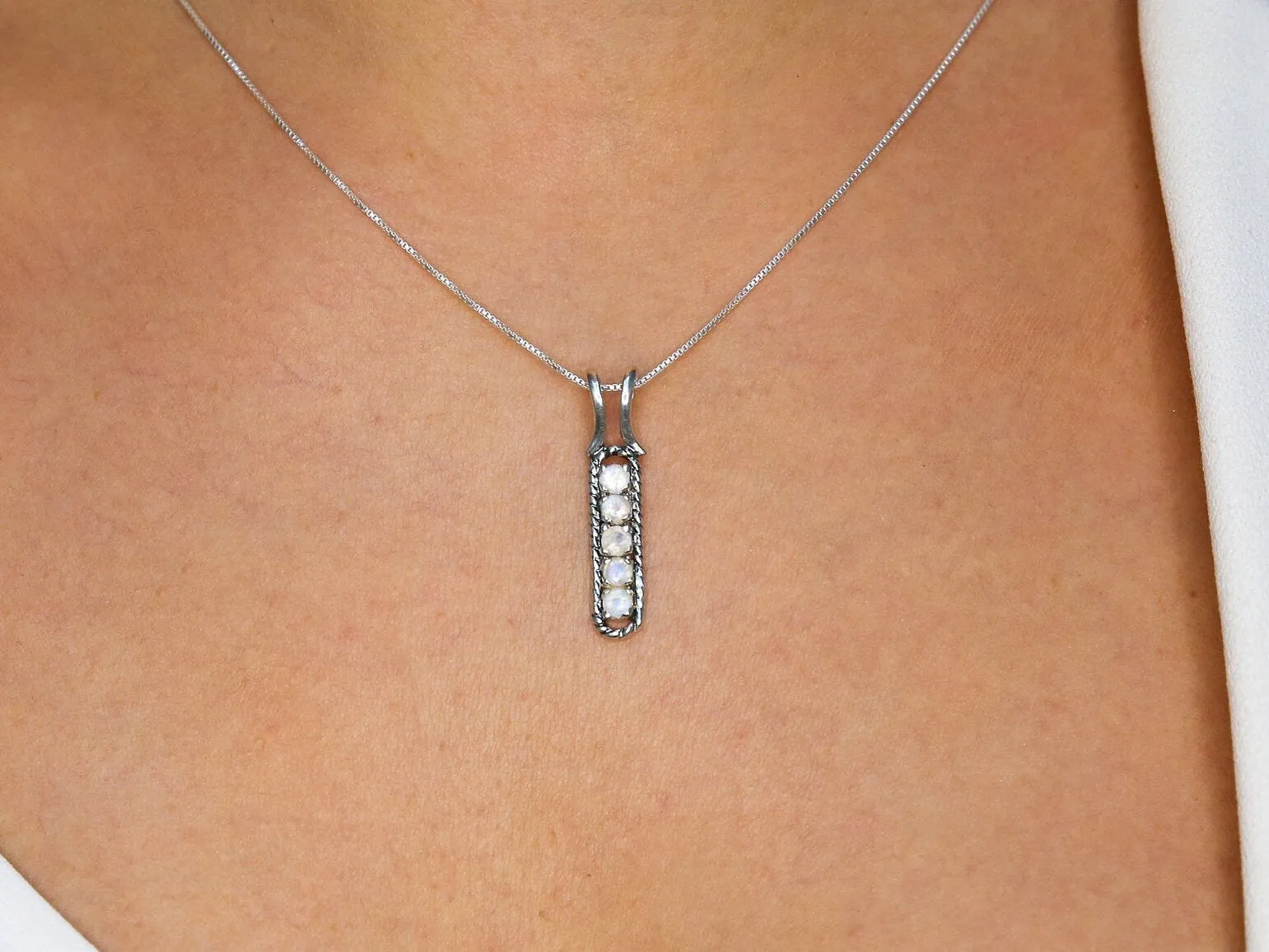 Moonstone Pendant - White Vertical Necklace - Vintage Bar Necklace