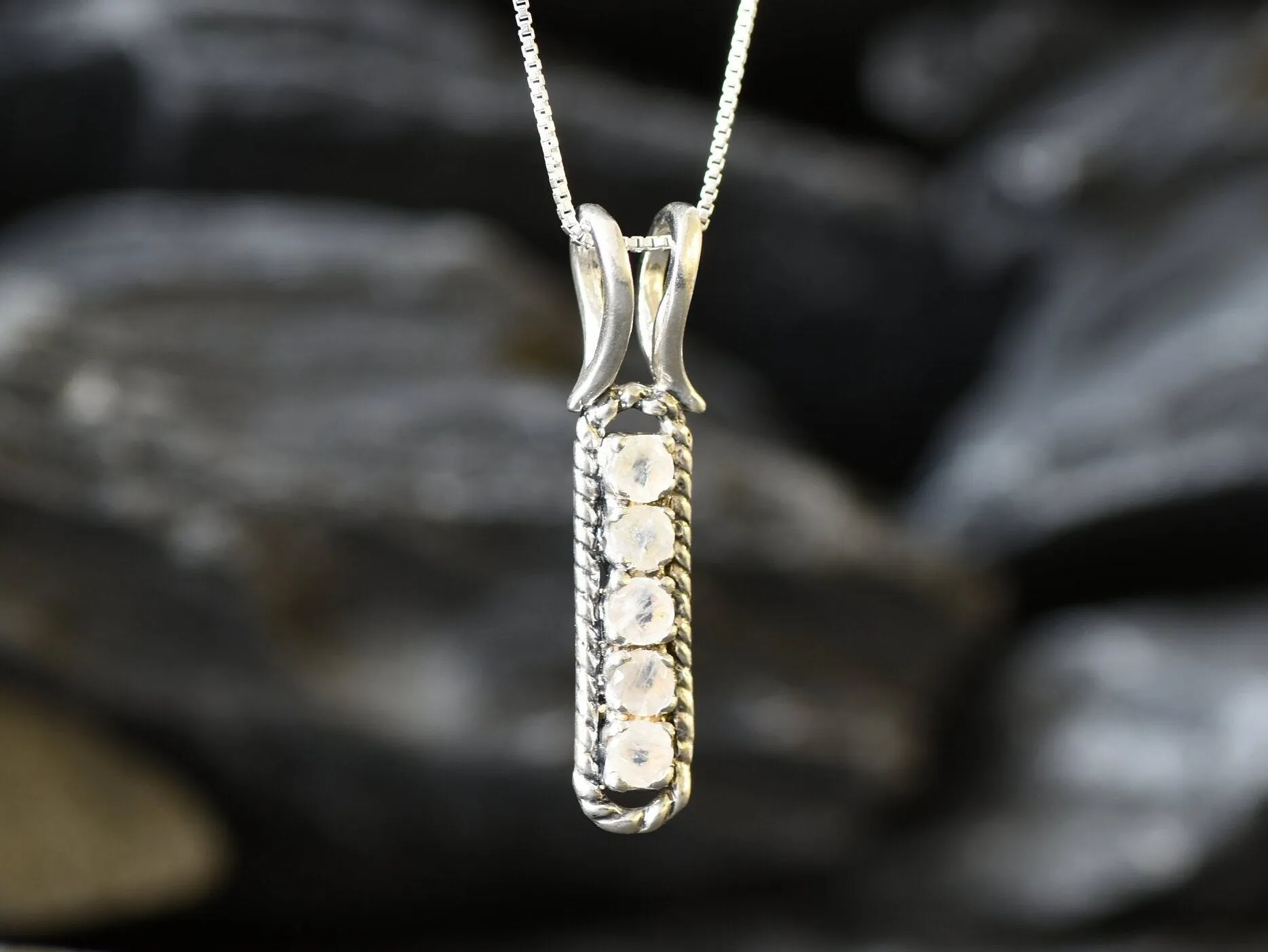 Moonstone Pendant - White Vertical Necklace - Vintage Bar Necklace