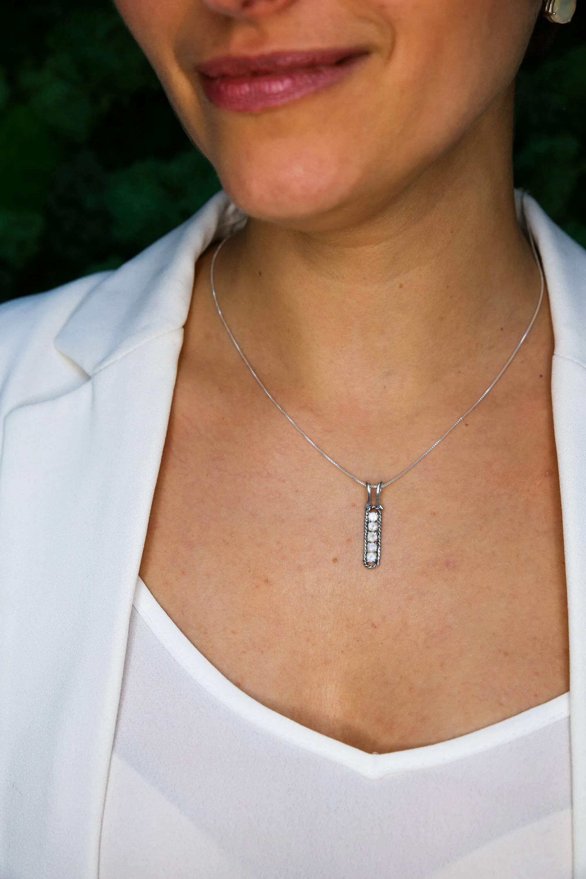 Moonstone Pendant - White Vertical Necklace - Vintage Bar Necklace