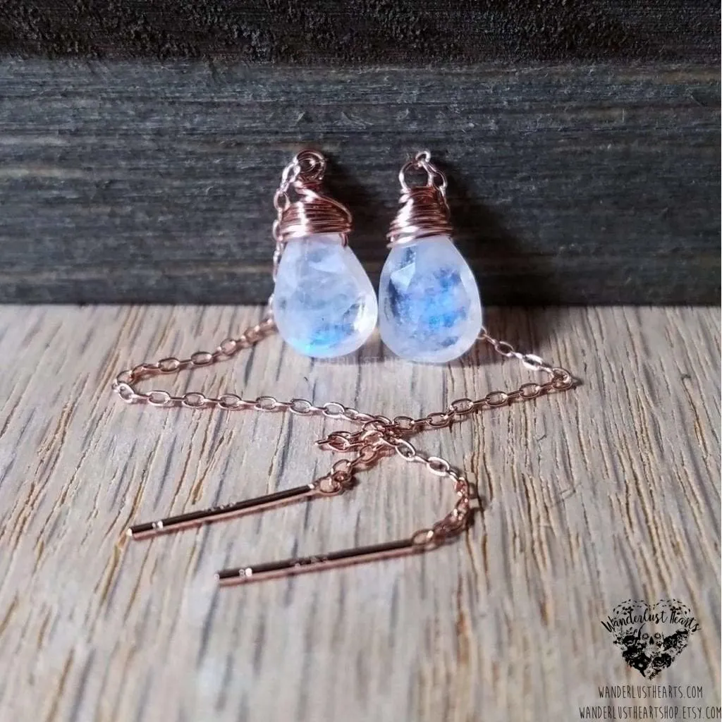 Moonstone rose gold threader earrings