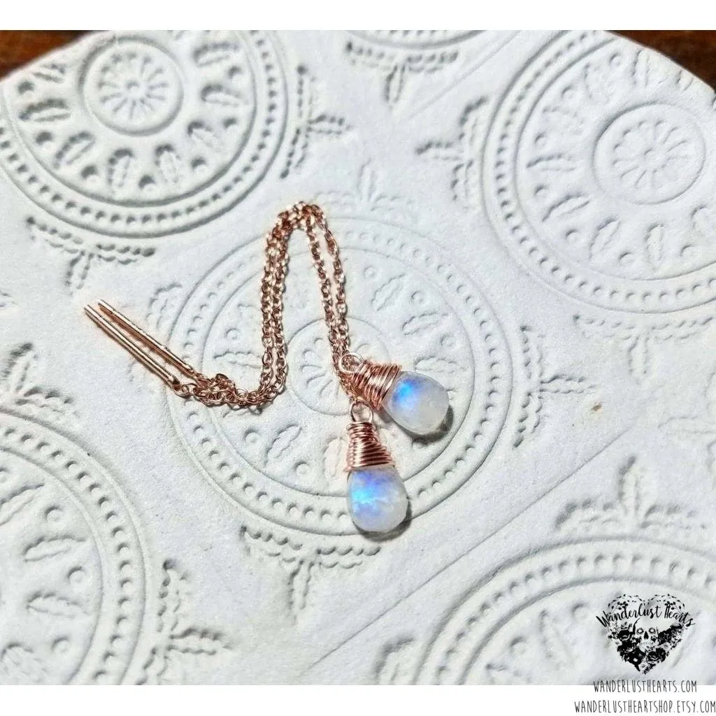 Moonstone rose gold threader earrings