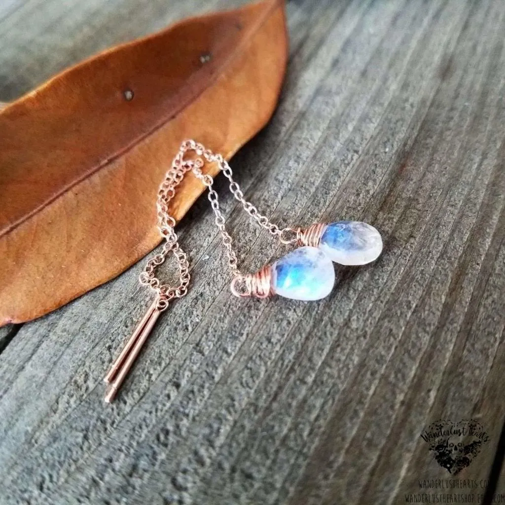Moonstone rose gold threader earrings