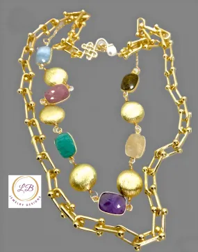 Multi-Colored Gemstone Double-Strand Chunky Gold Chain Necklace 21"