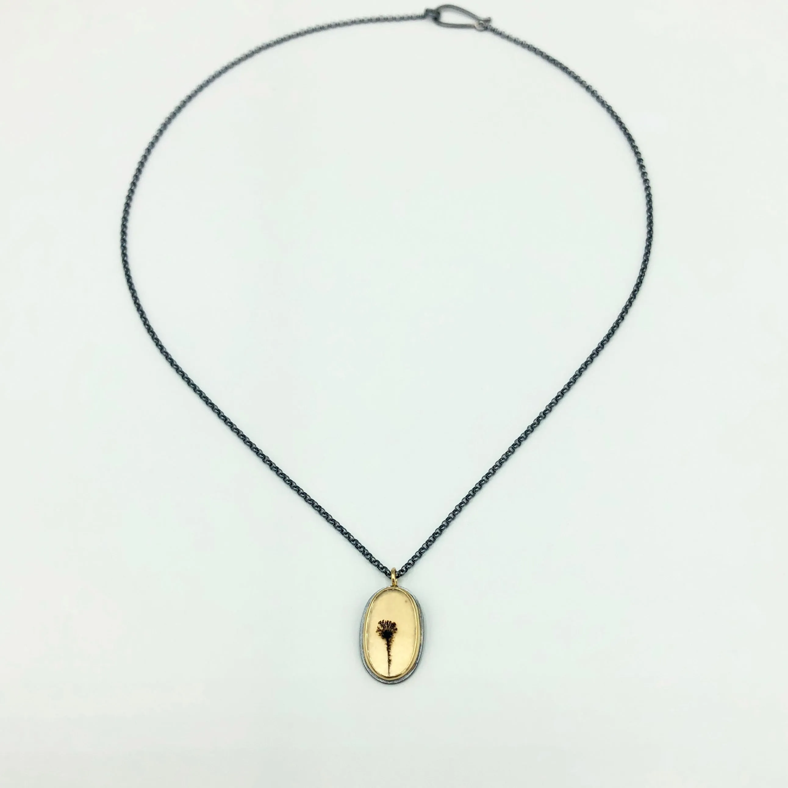 Natural Dendritic Quartz Set in 18k Gold Bezel Oxidized Sterling Silver Chain