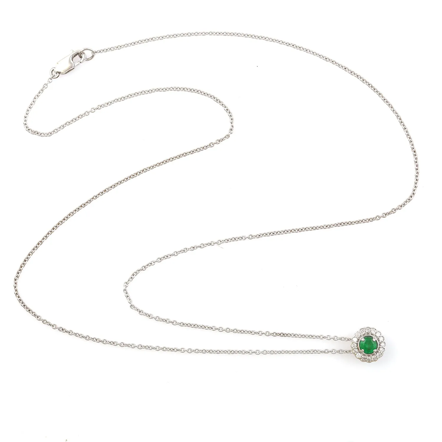 Natural Emerald Pave Diamond Halo Pendant Chain Necklace 14k White Gold Fine Jewelry