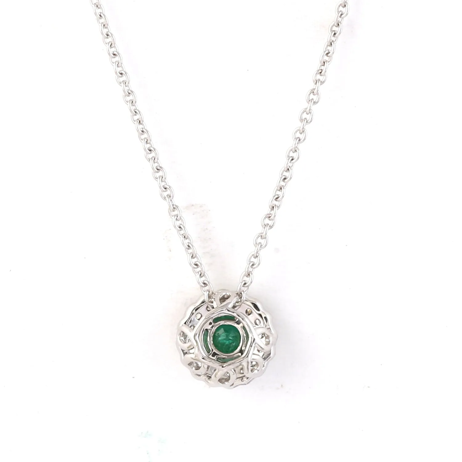 Natural Emerald Pave Diamond Halo Pendant Chain Necklace 14k White Gold Fine Jewelry