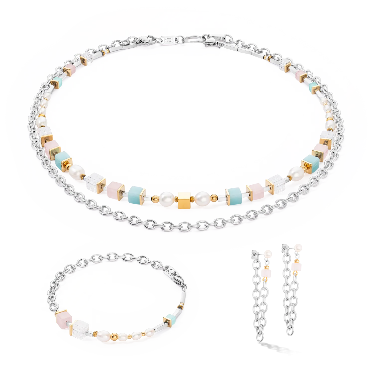 Necklace Cool Romantic Cubes & Pearls bicolour