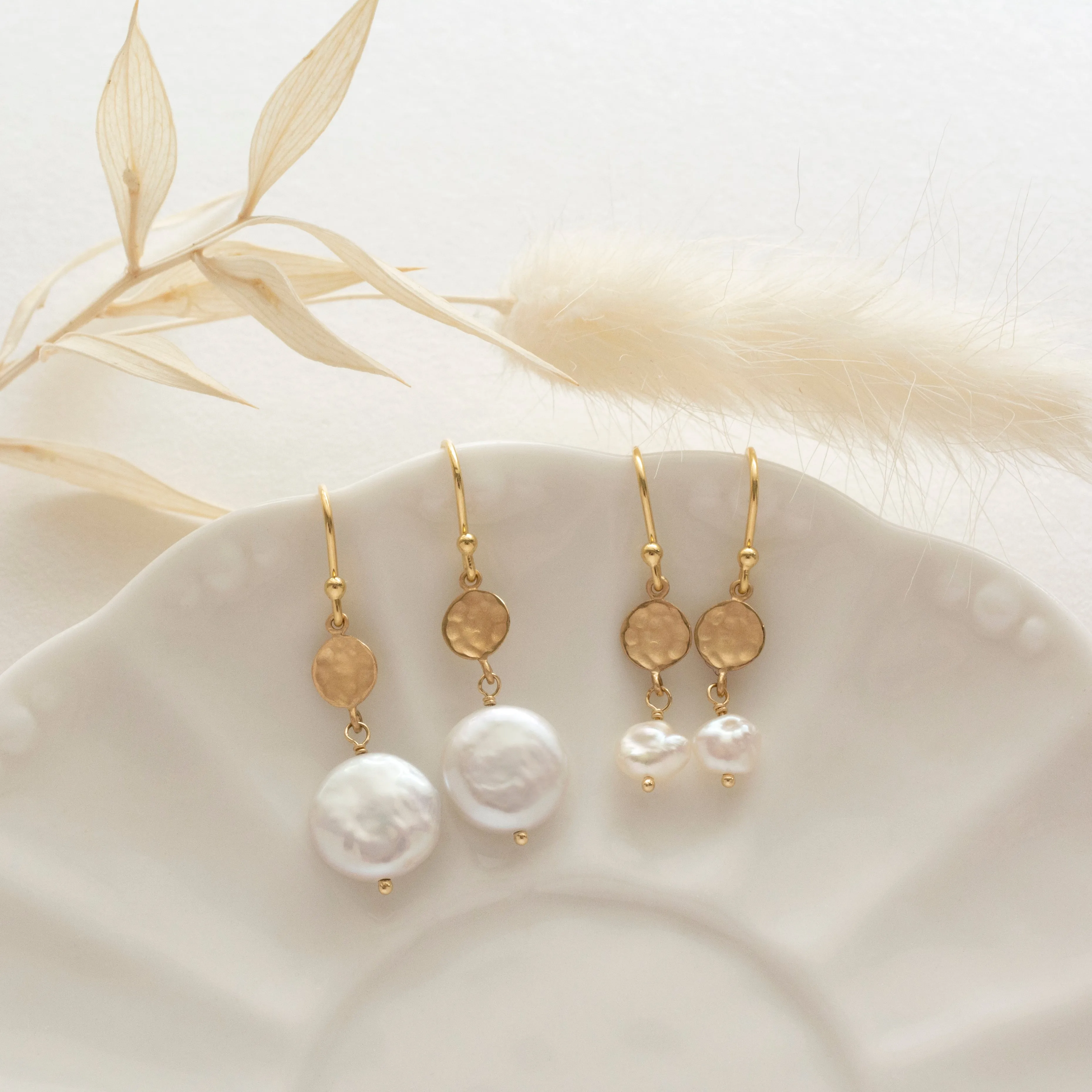Nugget Pearl Drop Hammered Disc Earrings