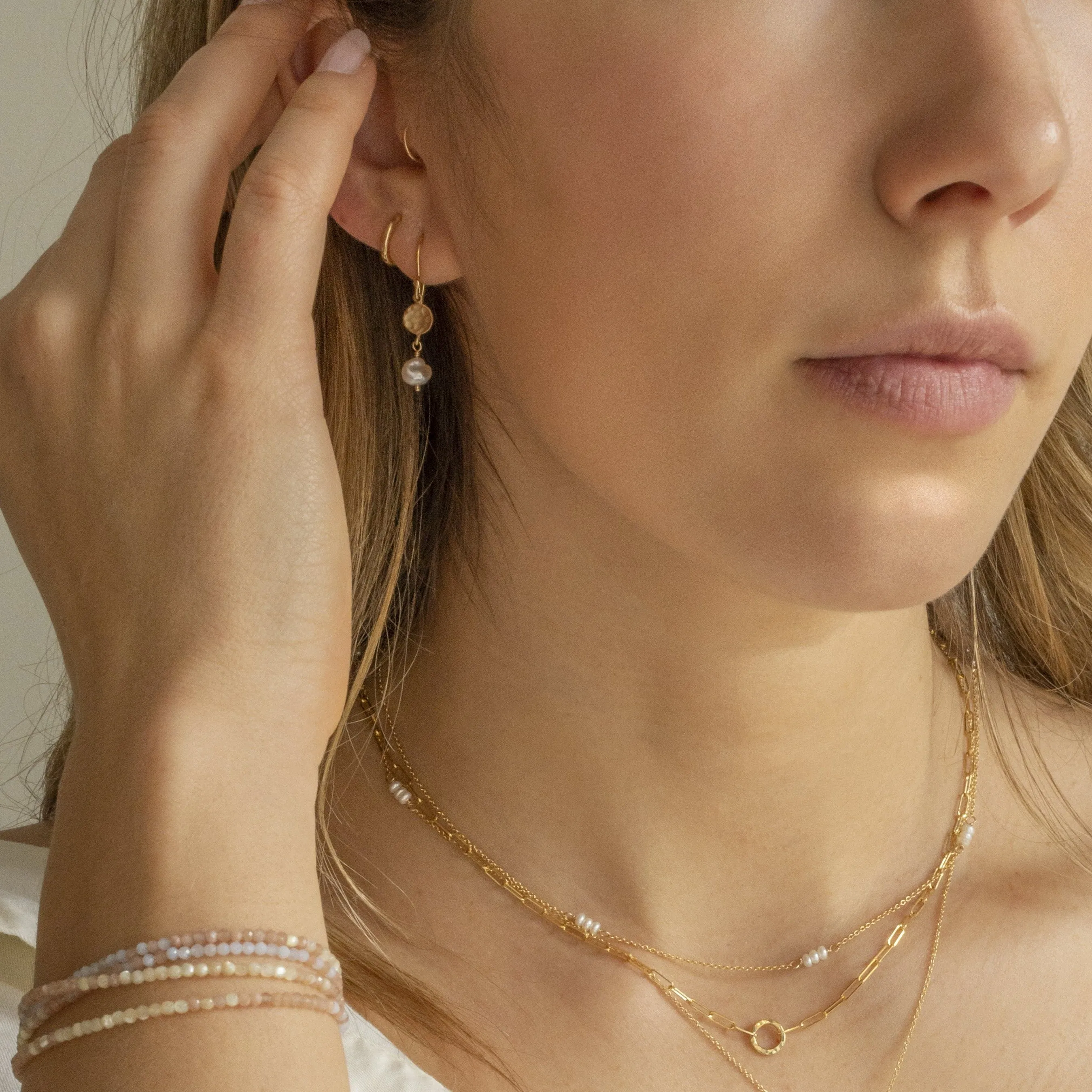 Nugget Pearl Drop Hammered Disc Earrings